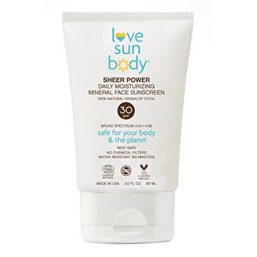 Love Sun Body Sheer Power Daily Moisturizing Mineral Face Sunscreen, Certified 100% Natural Origin, SPF 30 Broad Spectrum, Anti-Aging Sunblock Lotion, Sensitive Skin Safe, Travel Size, Reef Safe, Fragrance-Free, Cosmos Natural