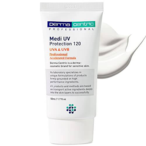 SPF50 Facial Sunscreen with Zinc Oxide and Centella Asiatica Extract to Protect Skin from UVA & UVB Rays, Non-Greasy Sunscreen - Give a Matt Finish - DERMACENTRIC Medi-UV Protection 120, 1.69oz.