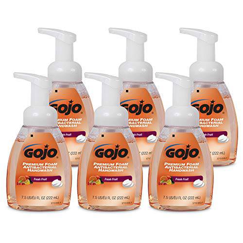 GOJO Premium Foam Antibacterial Handwash, Fresh Fruit Scent, 7.5 fl oz Hand Soap Pump Bottle (Pack of 6) - 5710-06, Translucent apricot