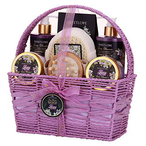 Spa Gift Basket for Women, Bath and Body Gift Set for her, Luxury 8 Piece,Lily & Lilac Scent,Best Gift for Mother’s Day, Birthday, Christmas