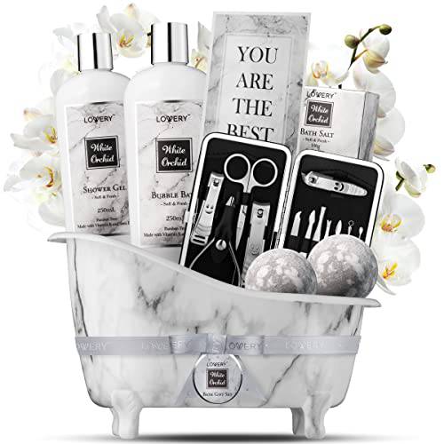 Christmas Spa Gifts for Women, Bath and Body Gift Set, White Orchid Self Care Gift Basket for Women Men Girlfriend Gifts for Mom, Spa Kit with Nail Kit, Bath Bombs & More - Birthday Personalized Gifts