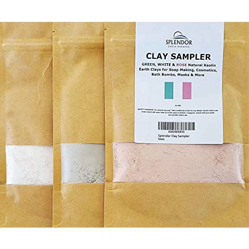 Clay Sampler - Green, Rose and White Kaolin Clays for Soap Making, Color Pigment Powder, Soap Supplies Kit Variety Pack for Handmade Cosmetics Bath & Body Scrubs, Masks, Bath Bombs DIY
