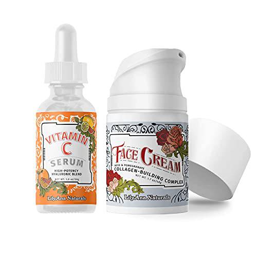 LilyAna Naturals Vitamin C Serum 1 oz and Face Cream Moisturizer 1.7 oz Bundle - Face Serum Reduces Age Spots and Sun Damage and Anti-Aging Wrinkle Cream for Face, Helps With Dry Skin and Dark Spot
