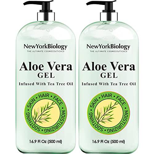 New York Biology Aloe Vera Gel for Face, Skin and Hair - Infused with Tea Tree Oil – From Fresh Aloe Vera Plant – Moisturizing Aloe Vera for Sunburn Relief and Dry Skin - 16.9 oz - Pack of 2