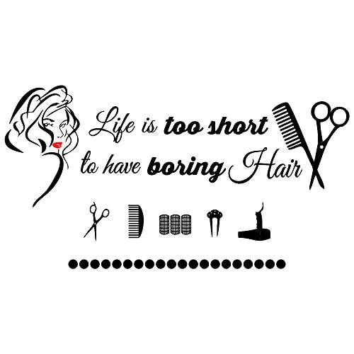 ANFRJJI Life is Too Short to Have Boring Hair -Red lip Salon Hairdresser Quote Beauty Salon Shop Wall Decal Quote Barber Art Letters Words Wall Decor Barbershop wall sticker Effect size 22x 41inch (BLACK-JWH223-Red lip)
