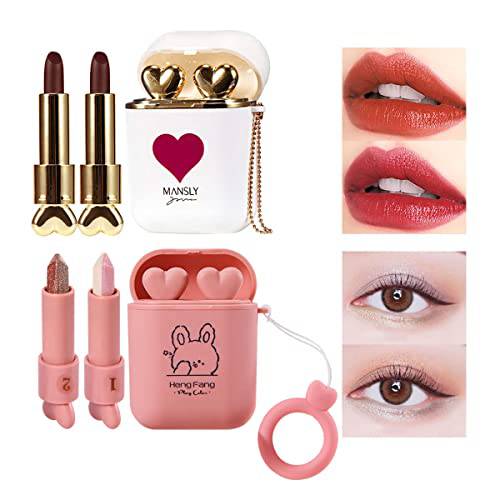 LAMUSELAND 2Pcs/set Matte Velvet Earphone Gold Lipstick with 2Pcs/set Glitter Shimmer Eyeshadow Sticks