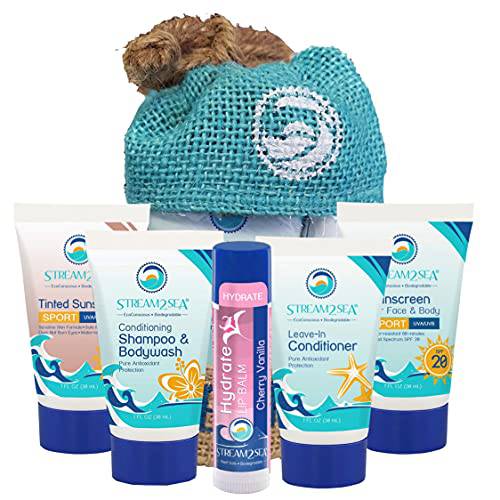 EcoConscious Travel Kit Body & Hair Care Gift Set | Shampoo & Bodywash | Conditioner | SPF20 Sunscreen | SPF30 Tinted Sunscreen & Hydrate Cherry Vanilla Lip Balm with Reusable Bag by Stream2Sea