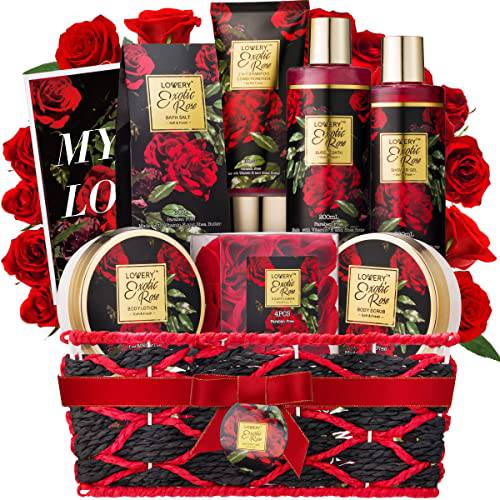 Christmas Spa Gifts for Women, Bath and Body Gift Set, Exotic Rose Gift Basket for Women & Men, Stress Relief Spa Kit, Thank You Birthday Mom Personalized Gifts, Body Scrub, Bubble Bath, Lotion & More