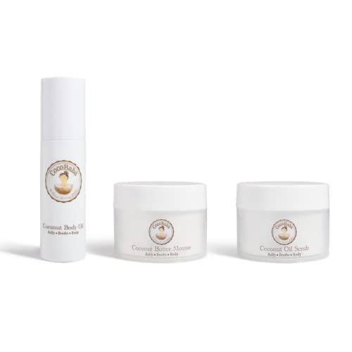 CocoBaba Maternity System Complete Bundle with (1) Coconut Oil Mousse, (1) Coconut Body Oil, and (1) Coconut Scrub, Minimize Appearance of Stretch Marks