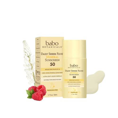 Babo Botanicals Daily Sheer Fluid Mineral Sunscreen Lotion SPF 50 with Non-Nano Zinc Oxide - Suitable for all Ages & Sensitive Skin - Fragrance Free, Lightweight & Non-Greasy - 1.7 fl. oz.
