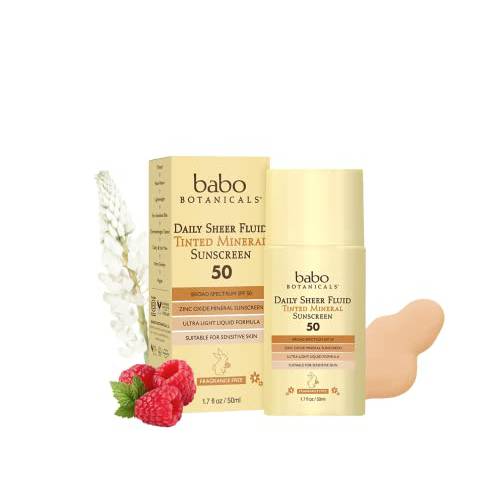 Babo Botanicals Daily Sheer Fluid Tinted Mineral Sunscreen Lotion SPF 50 With Non-Nano Zinc Oxide - Golden-Hued Tint, For Sensitive Skin - Fragrance Free & Ultra-Lightweight - 1.7 Fl. Oz.