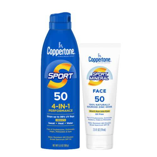 Coppertone SPORT Sunscreen Spray + Face Sunscreen SPF 50, Water Resistant Sunscreen Pack, Spray Sunscreen and Facial Sunscreen Lotion (5.5 Oz Spray + 2.5 Fl Oz Tube)