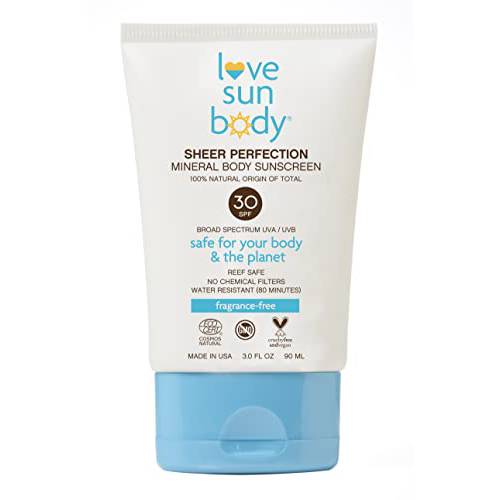 Love Sun Body Sheer Perfection Mineral Body Sunscreen, Certified 100% Natural Origin, SPF 30 Broad Spectrum, Sunblock Lotion, Sensitive Skin Safe, Travel Size, Reef Safe, Fragrance-Free, Cosmos Natural
