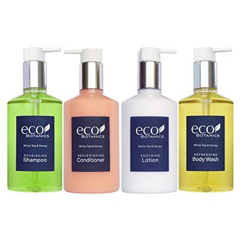 Eco Botanics Amenities Set,10.14 oz. Pumps (1 of Each) Shampoo, Conditioner, Hand/Body Wash, and Lotion