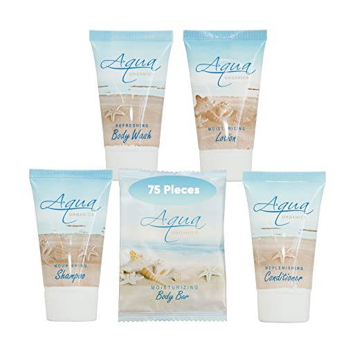 Aqua Organics Hotel Soaps and Toiletries Bulk Set | 1-Shoppe All-In-Kit Amenities for Hotels & Airbnb | 1oz Hotel Shampoo & Conditioner, Body Wash, Body Lotion & 1oz Bar Soap Travel Size | 75 Pieces