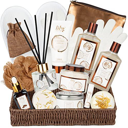 Coconut Vanilla Bath Gift Set for Women, 17Pcs Relaxing Body and Bath Gift Set, Spa Basket Include Shower Gel, Shower Steamers, Bubble Bath for Women, At Home Spa Kit Gift Basket Sulfate Free