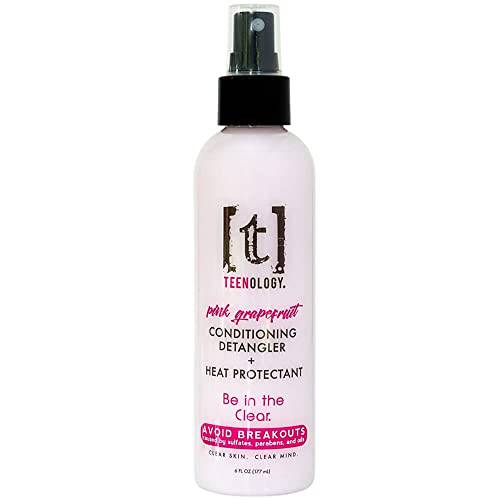 Teenology Leave-In Conditioning Detangler + Heat Protectant for Teens - Avoid Acne and Breakouts - Pink Grapefruit Scent 6 oz.