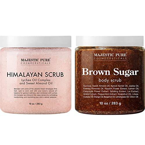 Majestic Pure Himalayan Body Scrub and Brown Sugar Scrub Bundle – Exfoliating Salt Scrub and Moisturizing Scrub Combo
