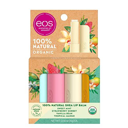 eos 100% Natural & Organic Lip Balm Sticks, Lip Care Variety Pack, Sweet Mint, Strawberry Sorbet, Vanilla Bean, Tropical Mango, 4 Count (Pack of 1)