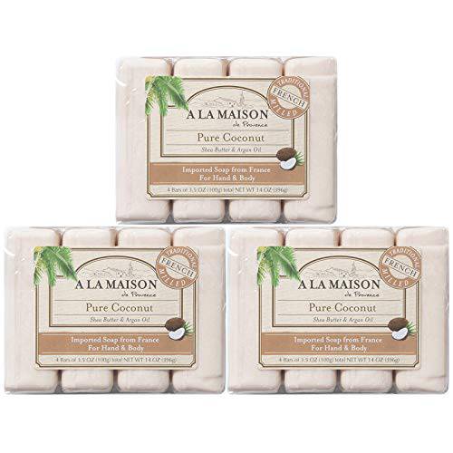 A LA MAISON Pure Coconut Bar Soap - Triple French Milled Natural Moisturizing Hand Soap Bar (12 Bars of Soap, 3.5 oz)