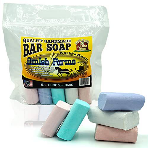 Amish Farms Natural Bar Soap (Huge 5 Bars) Made in USA, Hand-cut, Cold Process, Rustic Vegan Moisturizing Soap For Sensitive Skin - In 2 or 3 Random Colors, Clean Wildflower Scent, 5 Oz Each (5-Pack)