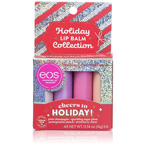 eos Lip Balm Pink Champagne, Sparkling Sugar Plum, Pomegranate Punch & Strawberry Cheer Holiday 4 Count(Pack of 1)