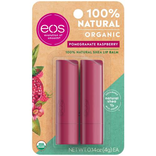 eos 100% Natural & Organic Lip Balm- Pomegranate Raspberry, Dermatologist Recommended, All-Day Moisture Lip Care, 0.14 Oz, 2 Pack