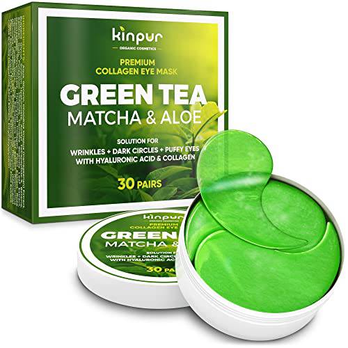 Kinpur Organic Cosmetics Green Tea Under Eye Patches for Wrinkles and Eye Bags - Eye Masks for Dark Circles and Puffiness with Collagen, Hyaluronic Acid - Under Eye Mask for All Skin Types, 30 Pairs
