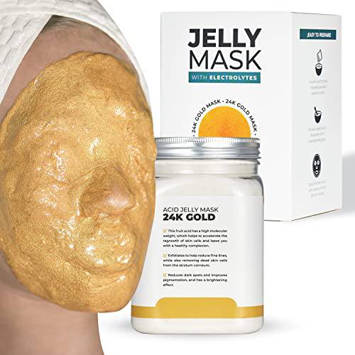BRÜUN Jelly Mask Jar 24k Gold Mandelic AC AHA Peel-Off Face Care Rubber Mask | 23 fl oz Skin Care Moisturizing Gel Mask Jar Spa Set