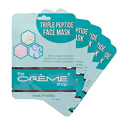 The Crème Shop Triple Peptide Face Mask, Essence Sheet Mask, Anti-Aging Collagen Face Mask Sheet Plumps and Softens Skin, Hydrating Face Mask with Amino Acids, Korean Sheet Mask (5 Pack)