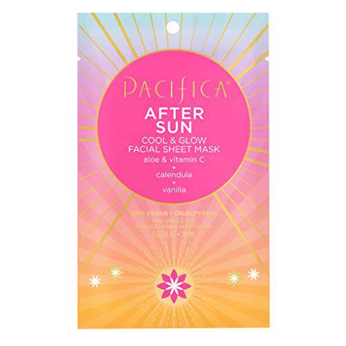Pacifica Beauty, After Sun Cool & Glow Facial Sheet Mask, Aloe Vera, Calendula, Vitamin C, Vanilla, Cooling Mask, Suncare + Skincare, Sun Burn Relief, Vegan
