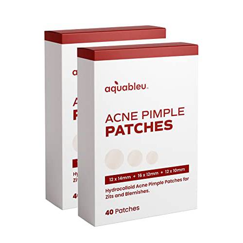 AQUABLEU Acne Pimple Patch - 40 Hydrocolloid Patches in 3 x Sizes [12x10mm + 16x12mm + 10x14mm] - For Zits & Blemishes - Quick & Effective, Blemish Cover - Discreet and Invisible Patches (Pack of 2)