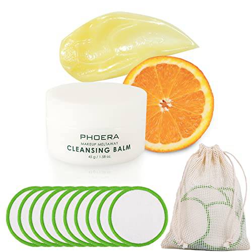 PHOERA Makeup Remover Creams Nourishing Cleansing Balm with Sweet Orange Essential Oil for Face, Eye and Lip, Reusable Bamboo Cotton Makeup Remover Pads (10 Pack) , 45g / 1.6oz