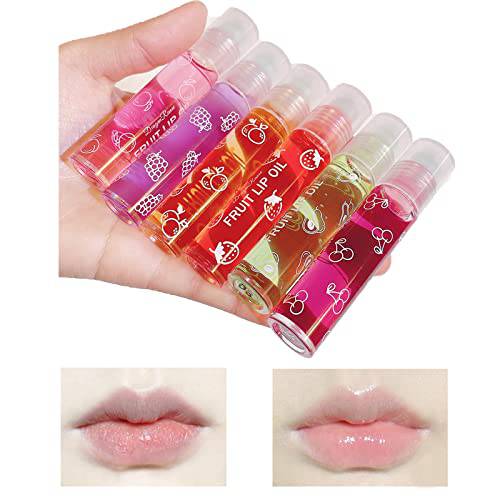 Gireatick 6PCS Fruity Flavors Rolling Ball Lip Oil Set, Long Lasting Moisturizing Lip Balm, Roll-On Lip Gloss Set, Strawberry Orange Grape Avocado Cheery Peach Flavor Glossy Lip Make-up for All Ages, Transparent Lip Gloss, Non Toxic, Kid Friendly, Suitable for Dry and Chapped Lips