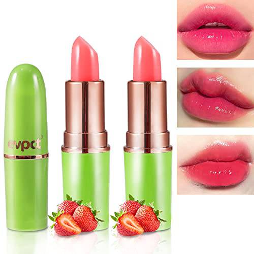 2Pcs Strawberry Lip Color Changing Lipstick Lip Balm Set, Green Magic PH Lipstick Color Change Changing Crystal Flower Jelly Lipstick Tinted Lip Balm Gloss Stain Makeup Set for Women Girls Waterproof