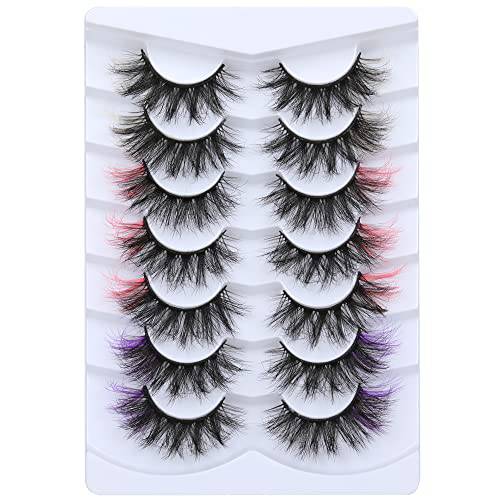 ALICROWN Colored Lashes Mink 5D Fluffy Volume False Eyelashes with Color Dramatic Long 20MM Pink Purple Fake Eye Lashes 7 Pairs