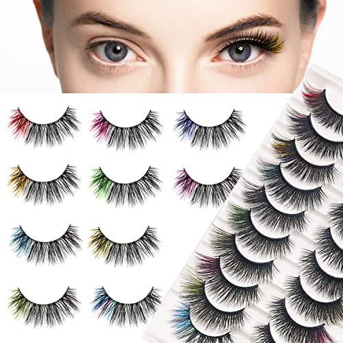 10 Pairs Colored Lashes,10 Colors False Colored Eyelashes,Faux Wispy Mink Lashes with Color Natural Fluffy Eyelashes Pack