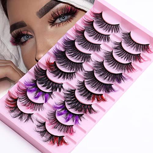 ALNILK False Eyelashes with Color, 5D Fluffy Faux Mink Colored Lashes Dramatic Decoration Eye Lashes Set for Cosplay Costumes 10 Pairs Pack(Colorful)