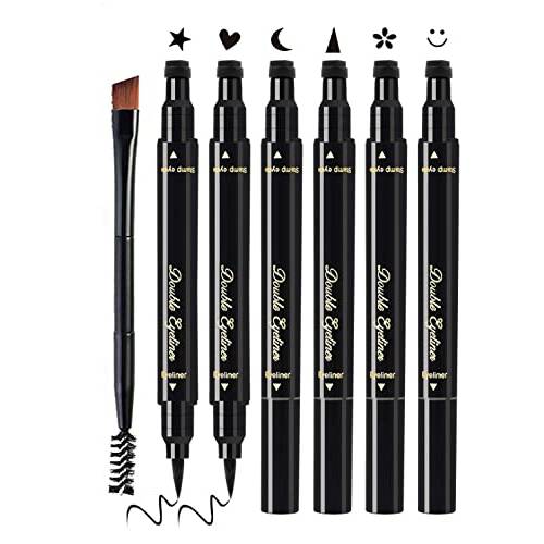 We Top Eyeliner Stamps, 7Pcs Eyeliner Pencil Set with Eyebrow Brushes, Waterproof Smudge-proof Liquid Eyeliner Stamp With Heart/Moon/Flower/Star/Smiley/Triangle Seal Stamps for Women Girls