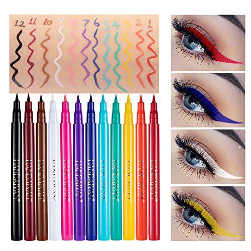 12 Pcs Colorful Neon Matte Liquid Eyeliner Set, Natural Long Lasting Quick Dry Rainbow Eyeliner Pencil Eyes Makeup Kit Black Brown White Purple Yellow Eyeliners for Party, Festival, Holiday