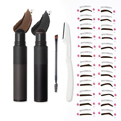 Marine Forest Eyebrow Stamp Stencil Kit, 2 Colors in 1 Waterproof and Long Lasting One Step Easy Color Brow Stamp with 24 Eyebrow Stencils Shaping Kit Reusable, 1 Brush and 1 Razor