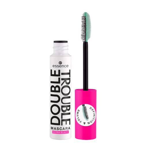 essence | Double Trouble Mascara Extra Black | 2-in-1 Fiber & Elastomer Brushes | Curling, Defining, Lengthening & Longlasting | Vegan & Cruelty Free | Made Without Parabens, Oil, Alcohol & Microplastic Particles