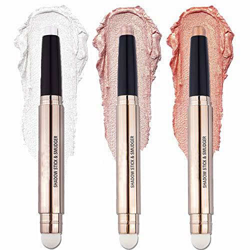 CCBeauty Shimmer Eyeshadow Sticks for Eyes, 2-IN-1 Cream Eye Shadow Pencil Crayon Makeup with Smudger, Hypoallergenic Waterproof Eye Brightener Stick , Shiny White Pink Champagne Eyeshadow Makeup, 01