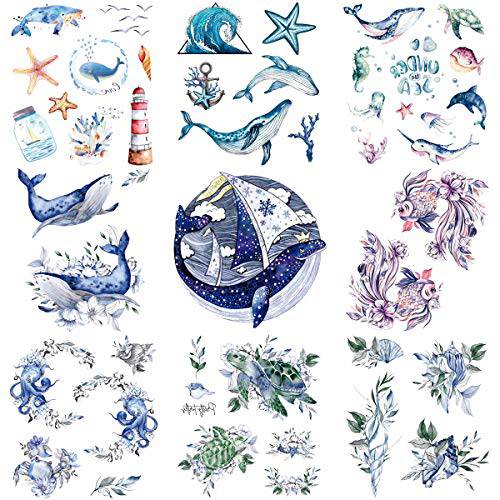 Oottati 9 Sheets Temporary Tattoo Blue Purple Sea Turtle Goldfish Dolphin Whale Shell Octopus Starfish Suit for Arm Neck