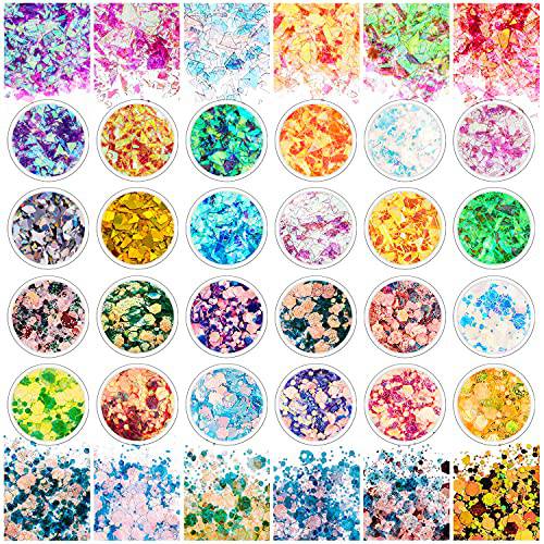 CHASPA 24 Jars Holographic Nail Glitter Summer Nail Sequins Glass Paper Iridescent Flake Glitter for Nail Art Decoration Cosmetic Makeup Body Face Hair DIY Resin Craft