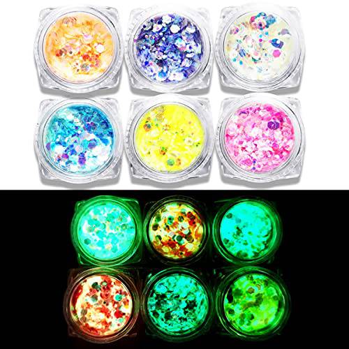 Glow in The Dark Glitter, JEMESI 6 Color Luminous Iridescent Chunky Glitter, Cosmetic Craft Glitter Set for Epoxy Resin, Body, Face, Nail, Slime, Craft and Festival Party Decoratio