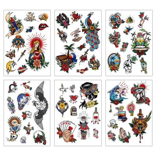 60pcs - 6 Sheets Classic Temporary Tattoos Old School Stickers Vintage Flower Arm Rose Tattoo Swallows Tattoos Butterflies Tattoos Swords intage Temporary Tattoo for Men Women Waterproof Temporary Tattoos