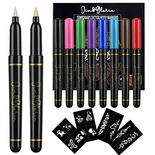 Jim&Gloria Body Art Tattoo Pen 10 Colors With Gold and Silver Fake Tattoos Brush Temporary Tattoo Kit Teen Girls Trendy Stuff for Birthday Friendsgiving Thanksgiving and Christmas gift ideas