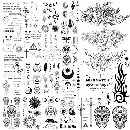 Realistic Temporary Tattoos - 200 Mix & Match Minimalistic set - Mystic Collection - Waterproof Long Lasting tattoos Adults Women Men, Fake tattoos, Face Body Hand Finger, Moon Stars Inspirational Words Flower Skull Snake