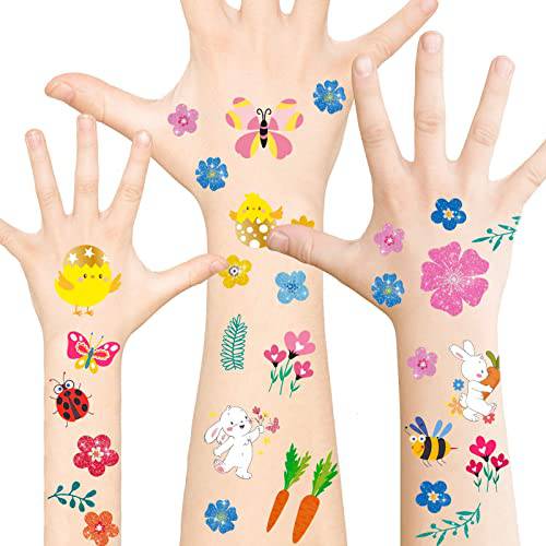 Whaline Spring Temporary Tattoos Glittery Foil Easter Tattoo Decals Colorful Egg Flower Rabbit Bunny Butterflies Chicks Pattern Tattoo Stickers for Easter Spring Holiday Party Favors 33 Sheet